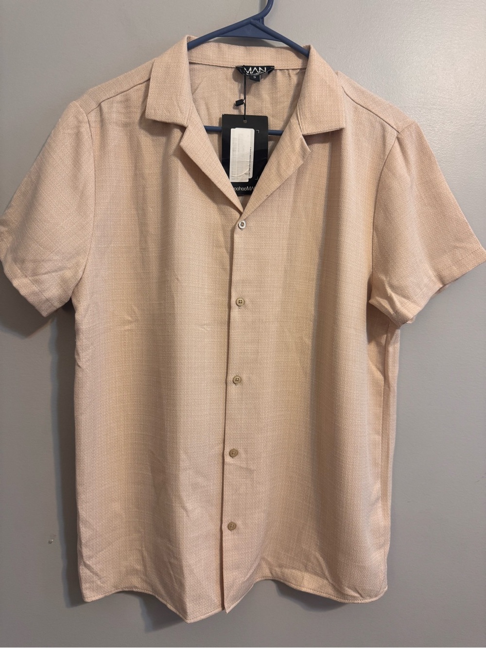 boohooMAN Men’s Beige Linen Blend Textured Revere Collar Shirt S NWT